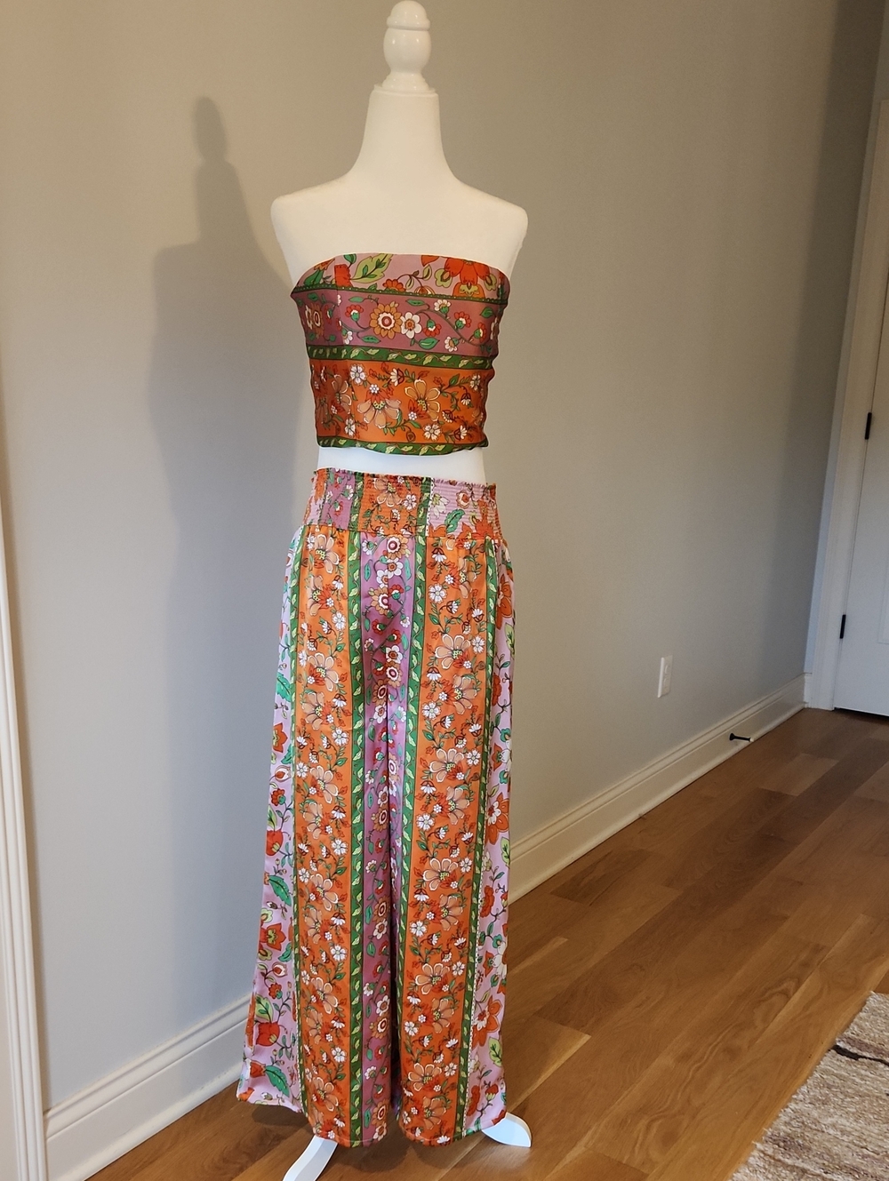 House of Harlow 1960 Orange Floral Strapless Jumpsuit with Pink & Green Panels